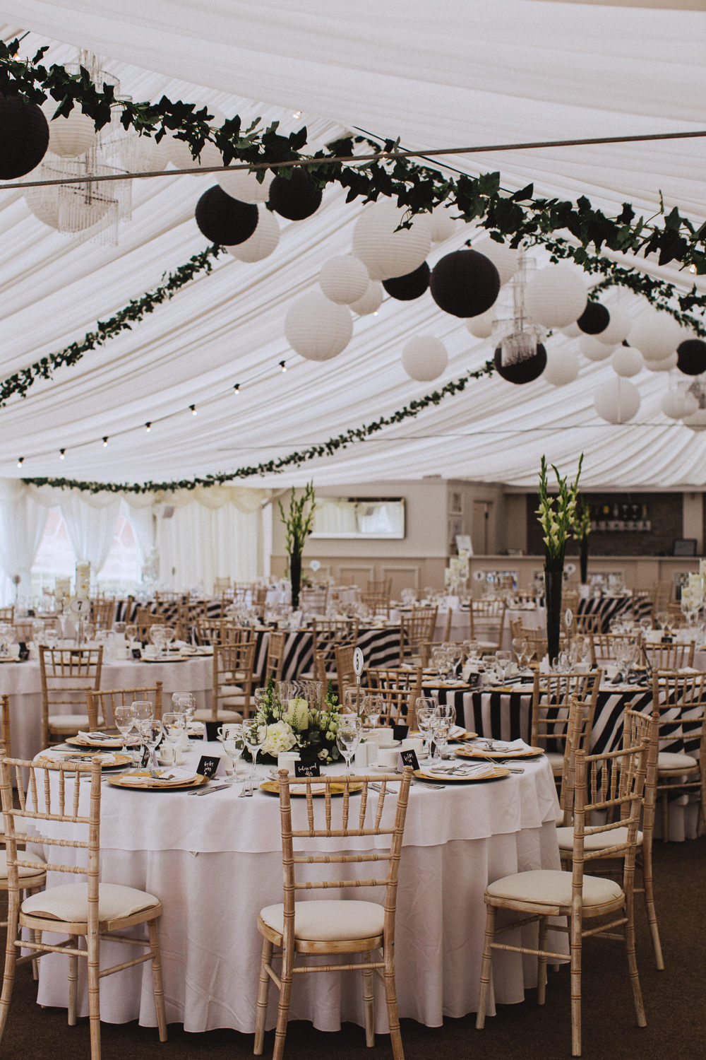 Black White Stripy Table Cloth Lantern Foliage Greenery Drenagh House Estate Wedding Monochrome Honey and the Moon Photography