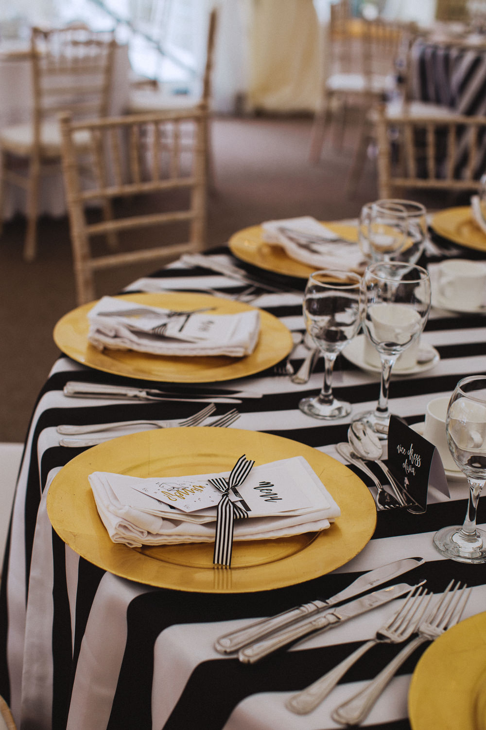Black White Stripy Table Cloth Gold Charger Plate Ribbon Menu Drenagh House Estate Wedding Monochrome Honey and the Moon Photography