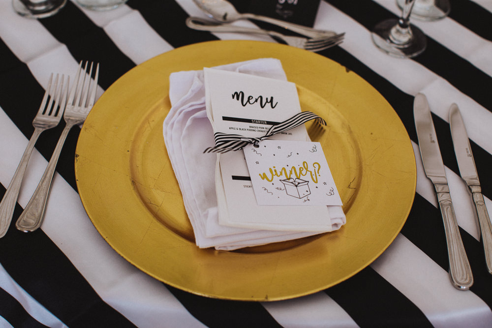 Table Setting Gold Charger Black White Stripy Tablecloth Favour Drenagh House Estate Wedding Monochrome Honey and the Moon Photography