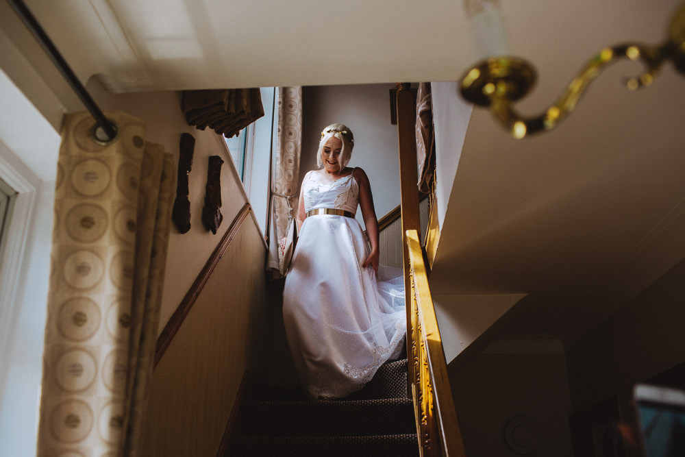 Bride Bridal Dress Strappy Gold Belt Drenagh House Estate Wedding Monochrome Honey and the Moon Photography