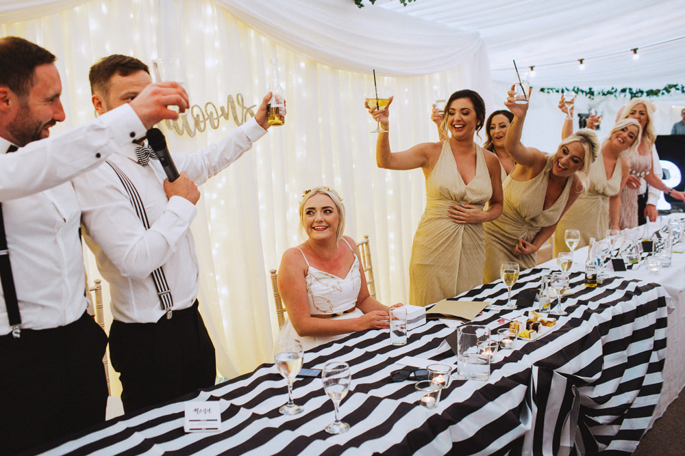Bride Bridal Dress Strappy Gold Belt Bow Tie Braces Groom Halterneck Bridesmaids Drenagh House Estate Wedding Monochrome Honey and the Moon Photography