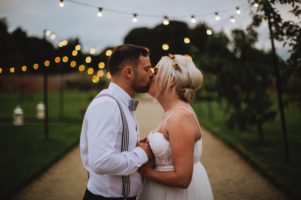 Bride Bridal Dress Strappy Gold Belt Bow Tie Braces Groom Drenagh House Estate Wedding Monochrome Honey and the Moon Photography