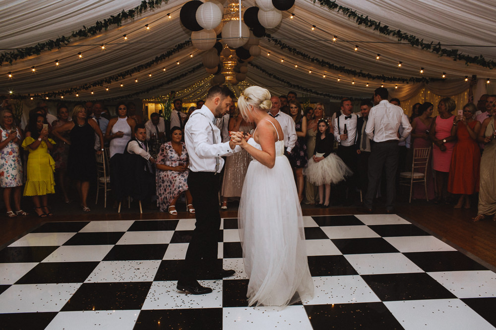 Bride Bridal Dress Strappy Gold Belt Bow Tie Braces Groom First Dance Drenagh House Estate Wedding Monochrome Honey and the Moon Photography