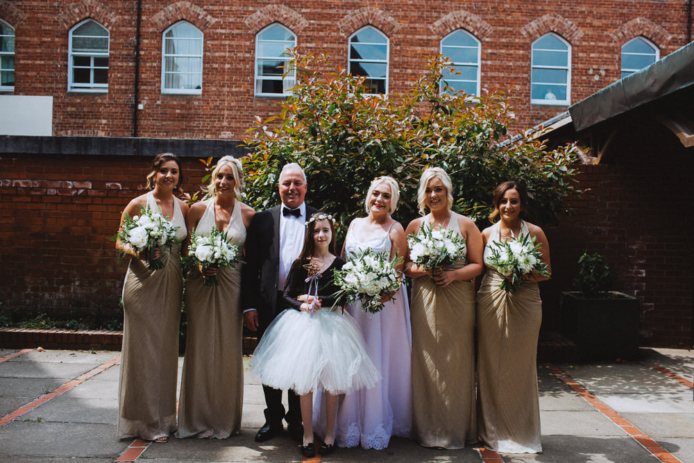 Bride Bridal Dress Strappy Gold Belt Bow Tie Gold Dress Halterneck Bridesmaids Flower Girl Tulle Drenagh House Estate Wedding Monochrome Honey and the Moon Photography