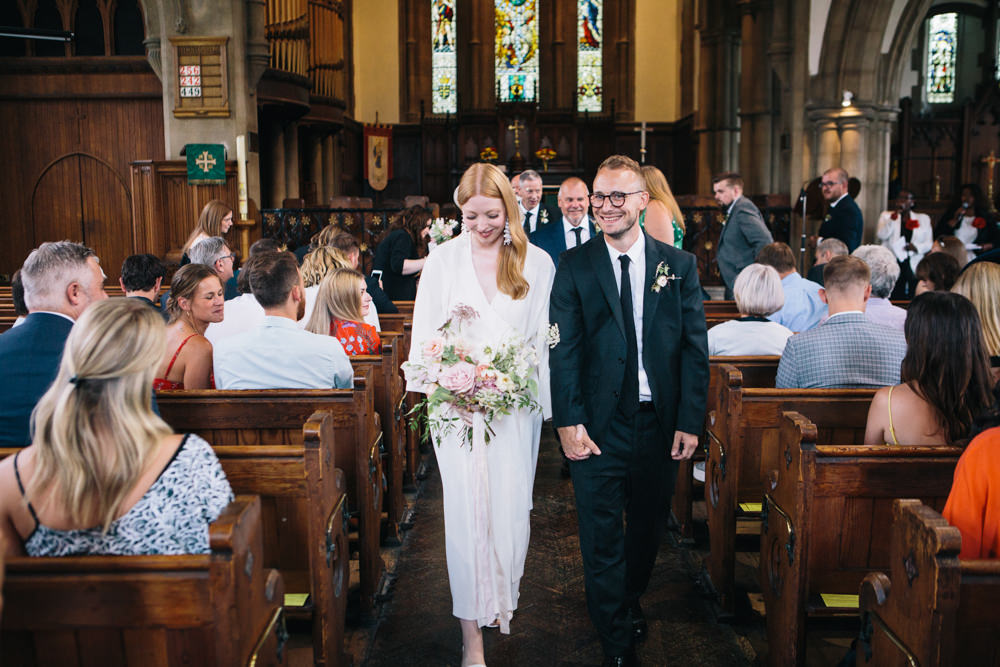 Bride Bridal Kimono Style Silk Dress Peach Pink Bouquet Dark Suit Groom East London Leytonstone Wedding Robbins Photographic