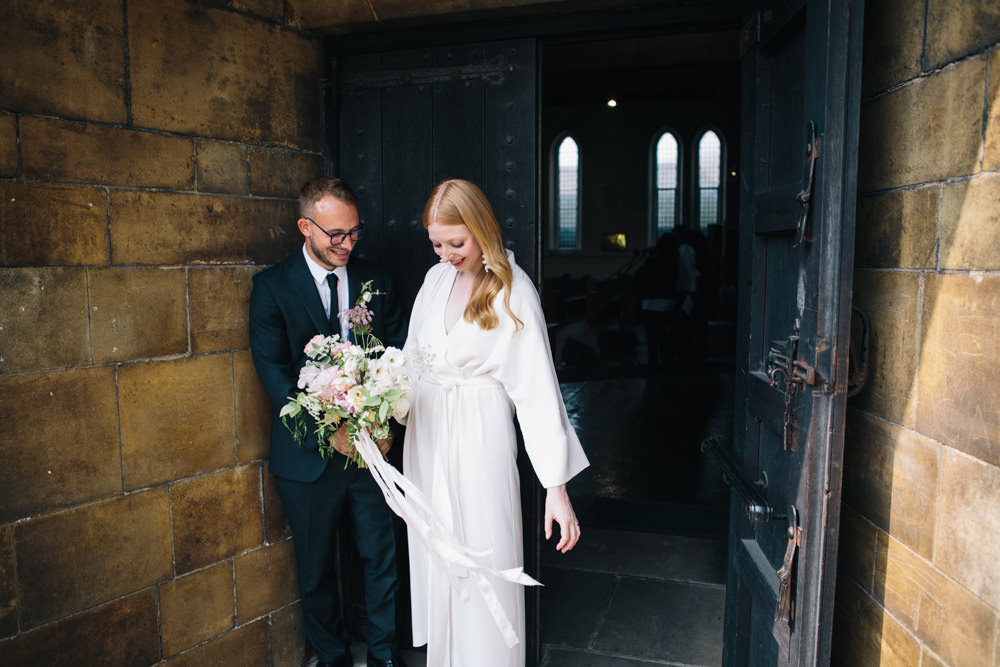 Bride Bridal Kimono Style Silk Dress Peach Pink Bouquet Dark Suit Groom East London Leytonstone Wedding Robbins Photographic