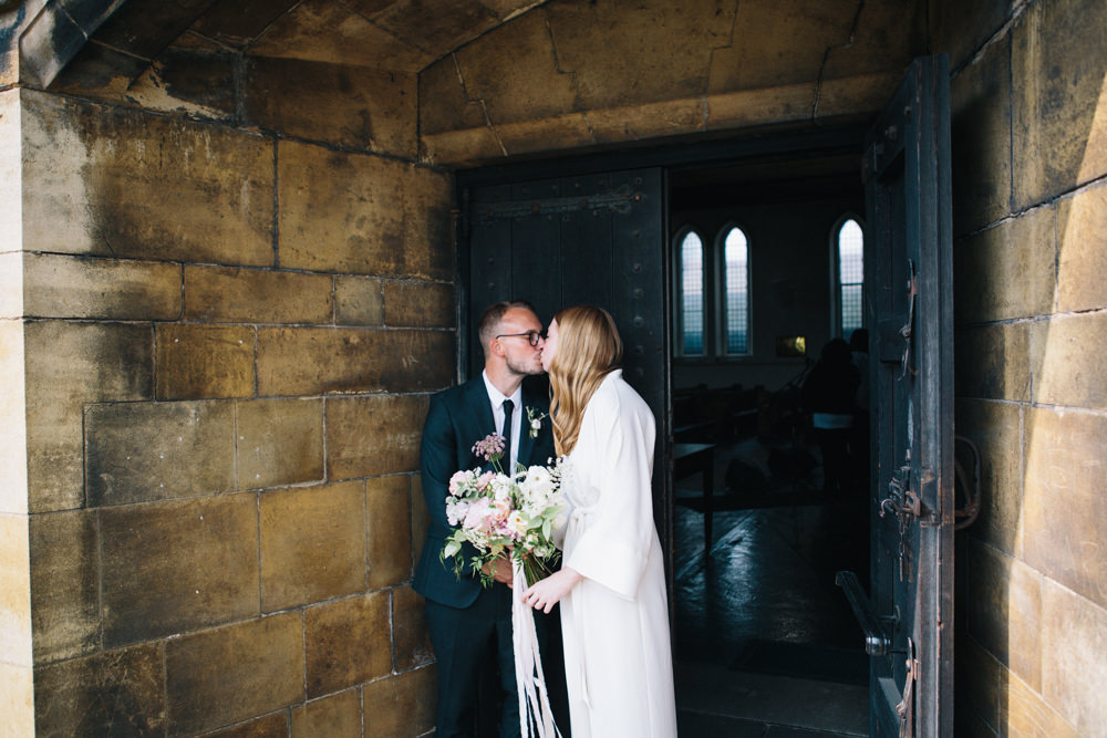 Bride Bridal Kimono Style Silk Dress Peach Pink Bouquet Dark Suit Groom East London Leytonstone Wedding Robbins Photographic