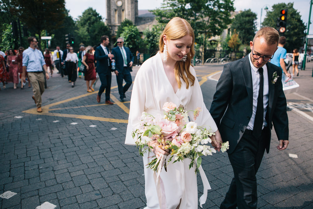 Bride Bridal Kimono Style Silk Dress Peach Pink Bouquet Dark Suit Groom East London Leytonstone Wedding Robbins Photographic
