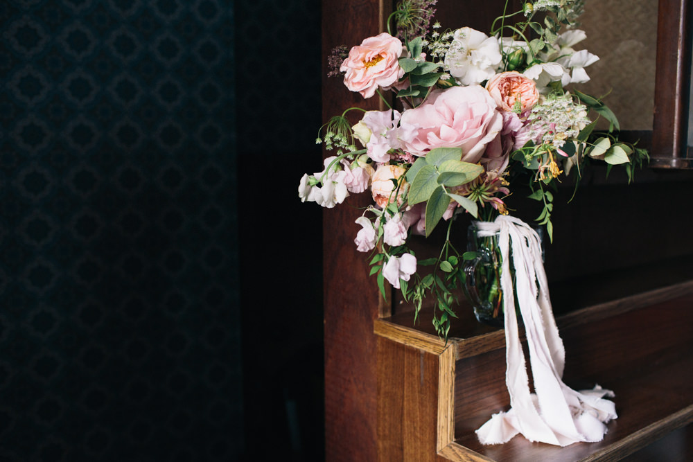 Pink Peach White Flowers Floral Peony Rose Foliage Bouquet Silk Ribbon East London Leytonstone Wedding Robbins Photographic
