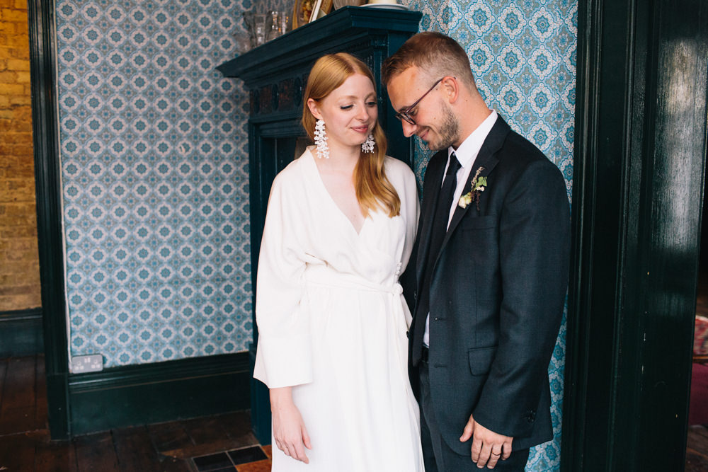 Bride Bridal Kimono Style Silk Dress Dark Suit Groom East London Leytonstone Wedding Robbins Photographic