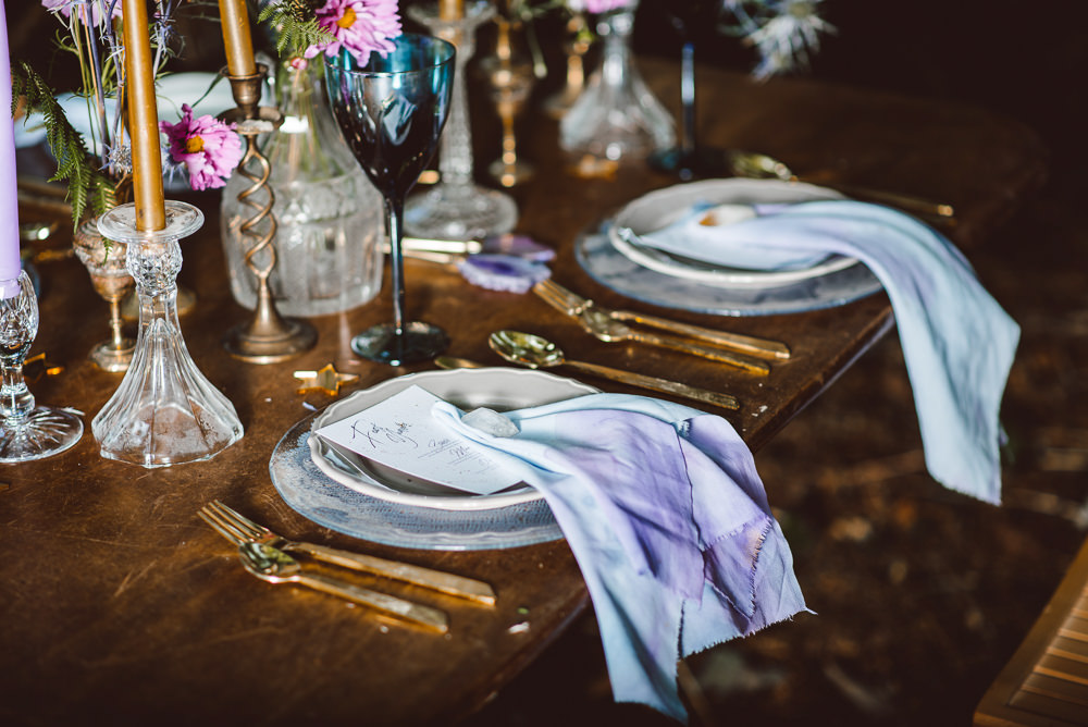 Table Tablescape Decor Pink Purple Gold Napkin Ethereal Magical Golden Hour Wedding Ideas Dhw Photography