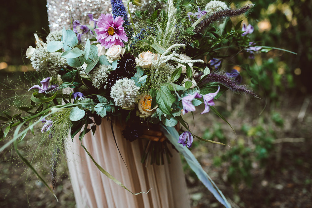 Flowers Bouquet Bride Bridal Pink Purple Rose Greenery Foliage Wild Natural Ribbon Ethereal Magical Golden Hour Wedding Ideas Dhw Photography