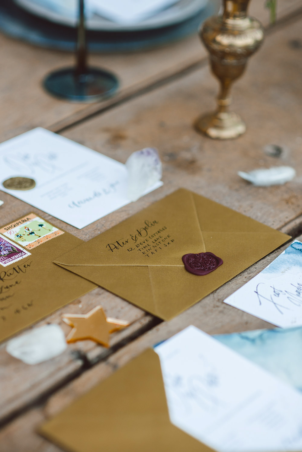 Stationery Suite Gold Wax Seal Envelope Watercolour Calligraphy Invites Invitations Stamps Ethereal Magical Golden Hour Wedding Ideas Dhw Photography