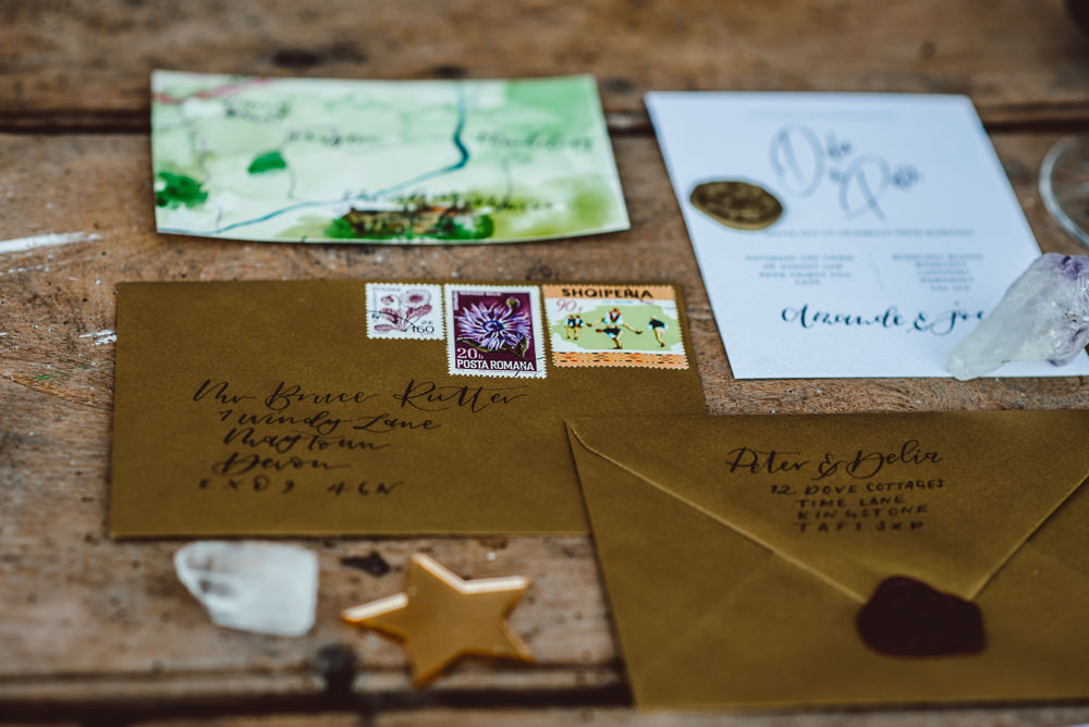 Stationery Suite Gold Wax Seal Envelope Watercolour Calligraphy Invites Invitations Stamps Ethereal Magical Golden Hour Wedding Ideas Dhw Photography