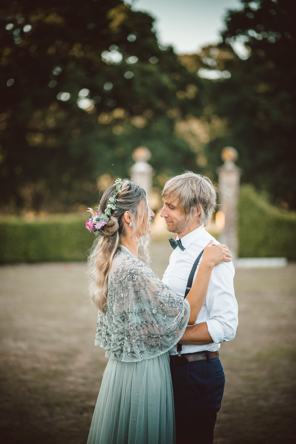 Dress Gown Bride Bridal Green Sequin Tulle Sleeves Embellished Cape Ethereal Magical Golden Hour Wedding Ideas Dhw Photography