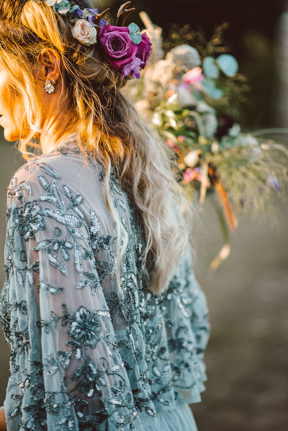 Dress Gown Bride Bridal Green Sequin Tulle Sleeves Embellished Cape Ethereal Magical Golden Hour Wedding Ideas Dhw Photography