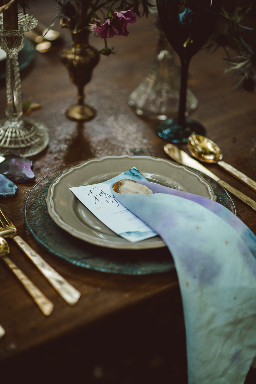 Table Tablescape Decor Pink Purple Gold Napkin Ethereal Magical Golden Hour Wedding Ideas Dhw Photography