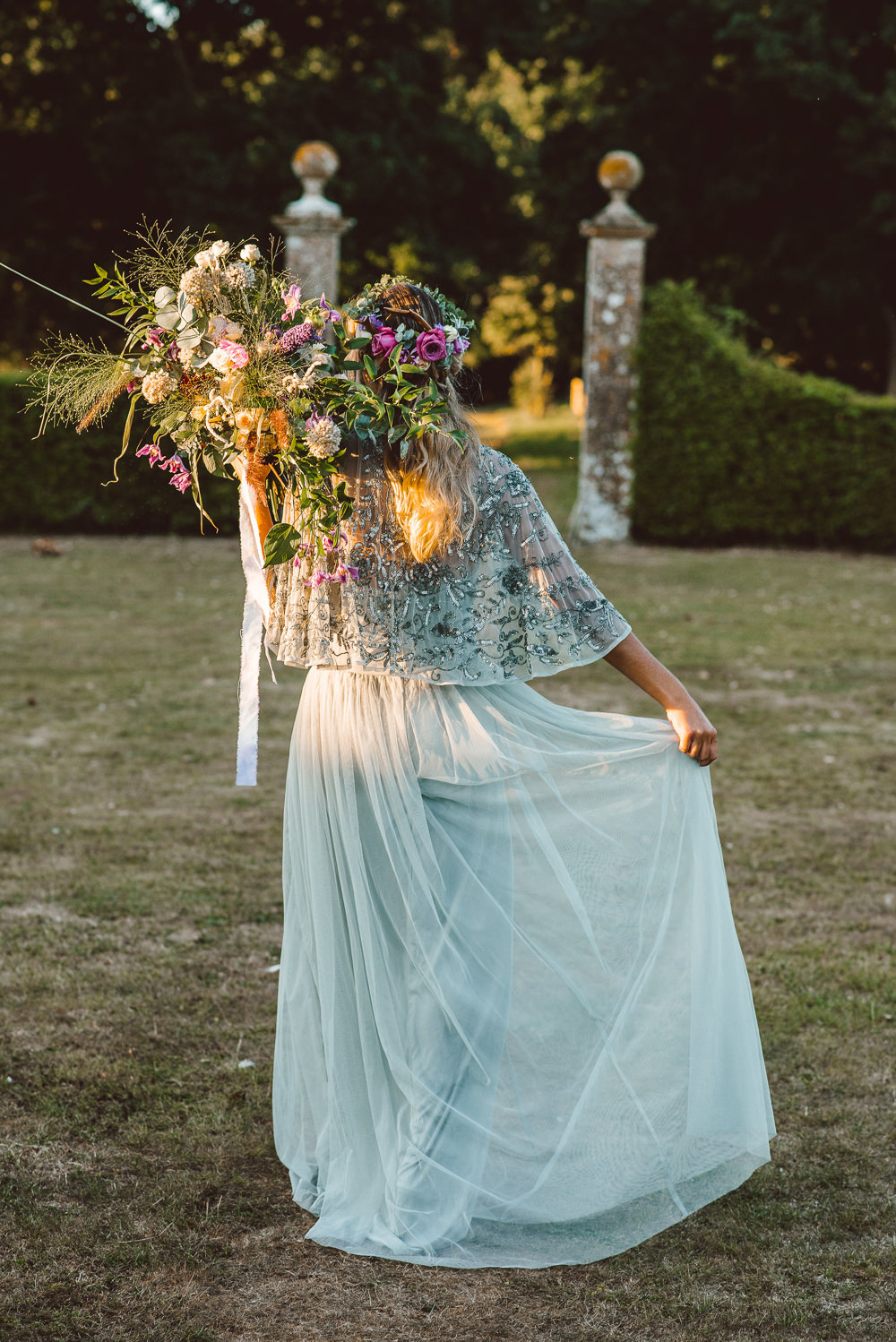 Dress Gown Bride Bridal Green Sequin Tulle Sleeves Embellished Cape Ethereal Magical Golden Hour Wedding Ideas Dhw Photography