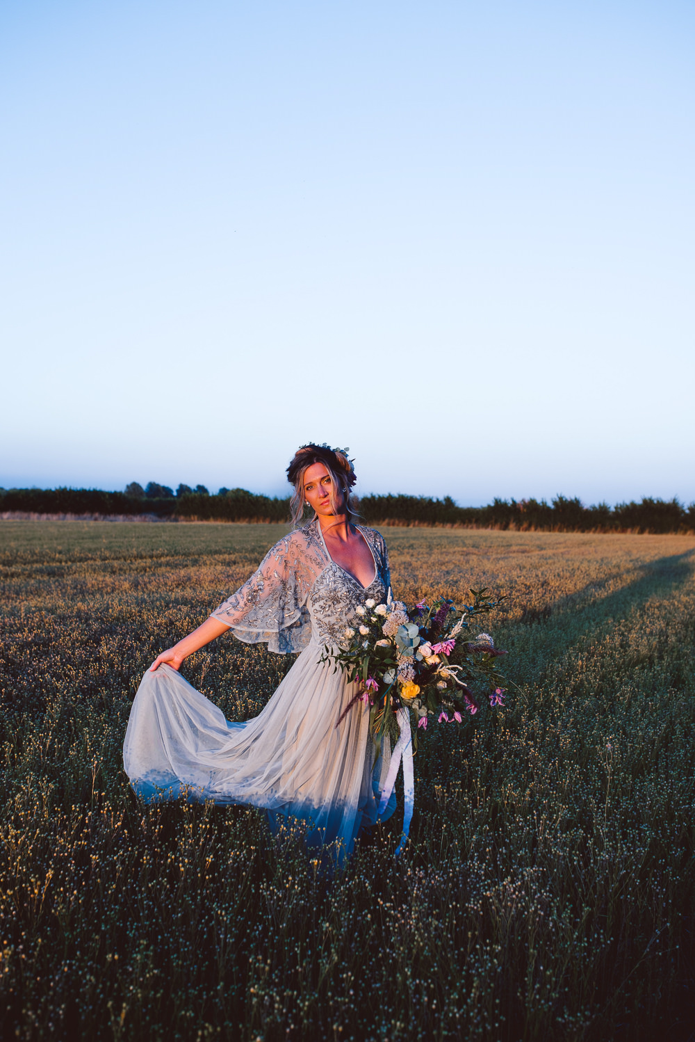 Dress Gown Bride Bridal Green Sequin Tulle Sleeves Embellished Cape Ethereal Magical Golden Hour Wedding Ideas Dhw Photography
