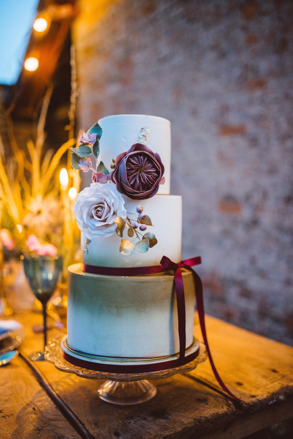 Burgundy Purple Cake Ribbon Flower Tier Ethereal Magical Golden Hour Wedding Ideas Dhw Photography