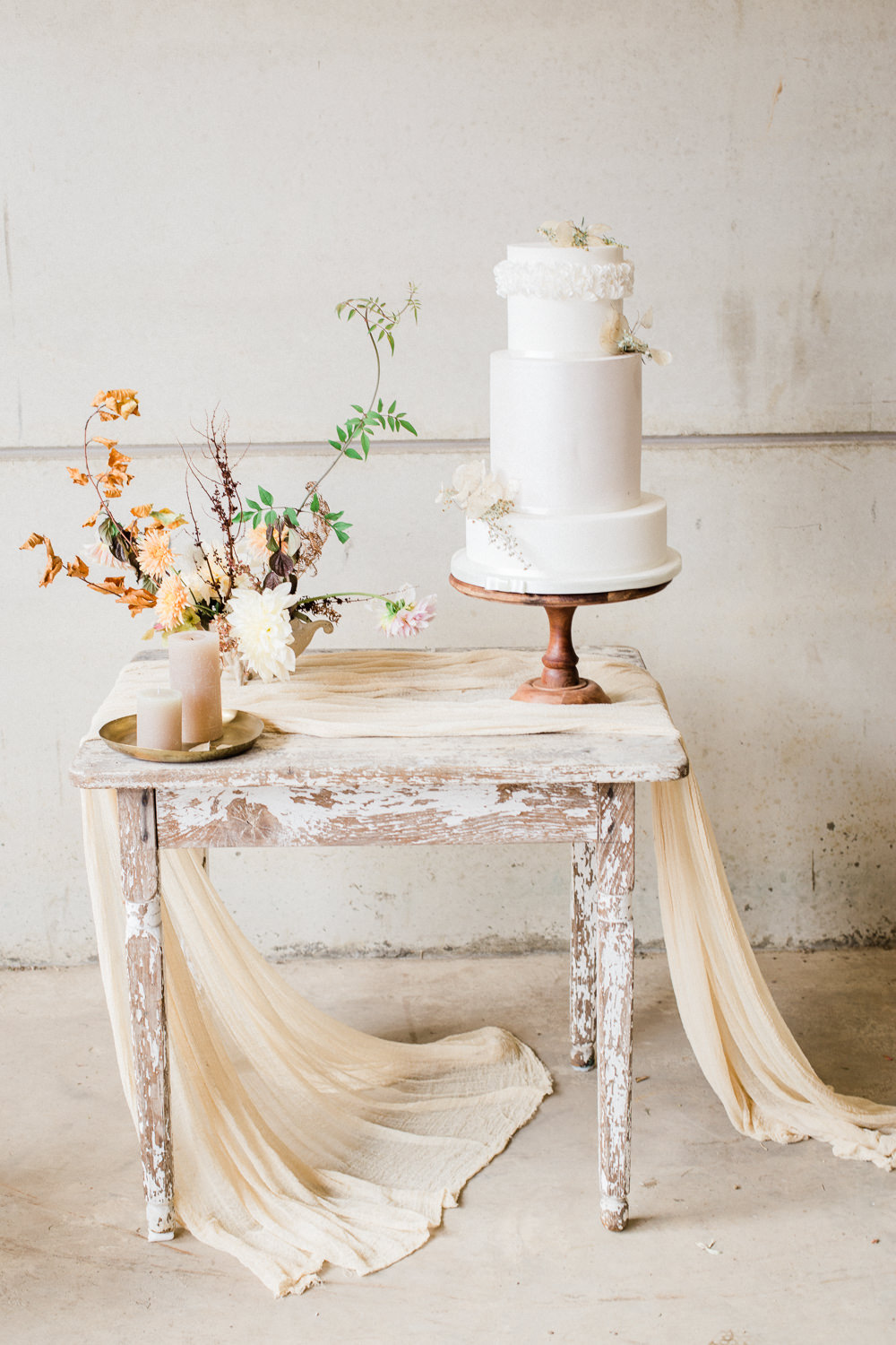 Cake Table Rustic Wooden Silk Cloth Candles Flowers Fine Art Farm Wedding Ideas Seyi Rochelle Photography