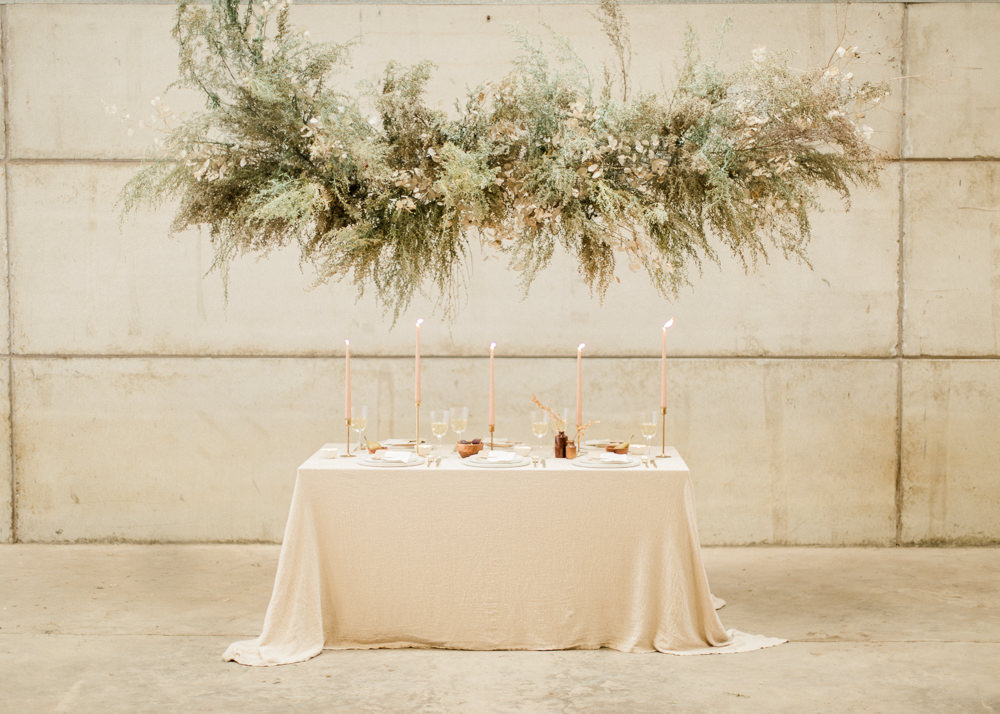 Flower Installation Backdrop Greenery Foliage Grass Grasses Wild Natural Table Suspended Cloud Hanging Fine Art Farm Wedding Ideas Seyi Rochelle Photography