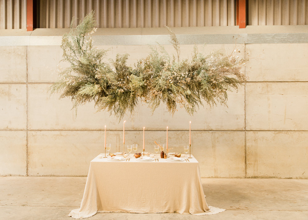 Flower Installation Backdrop Greenery Foliage Grass Grasses Wild Natural Table Suspended Cloud Hanging Fine Art Farm Wedding Ideas Seyi Rochelle Photography