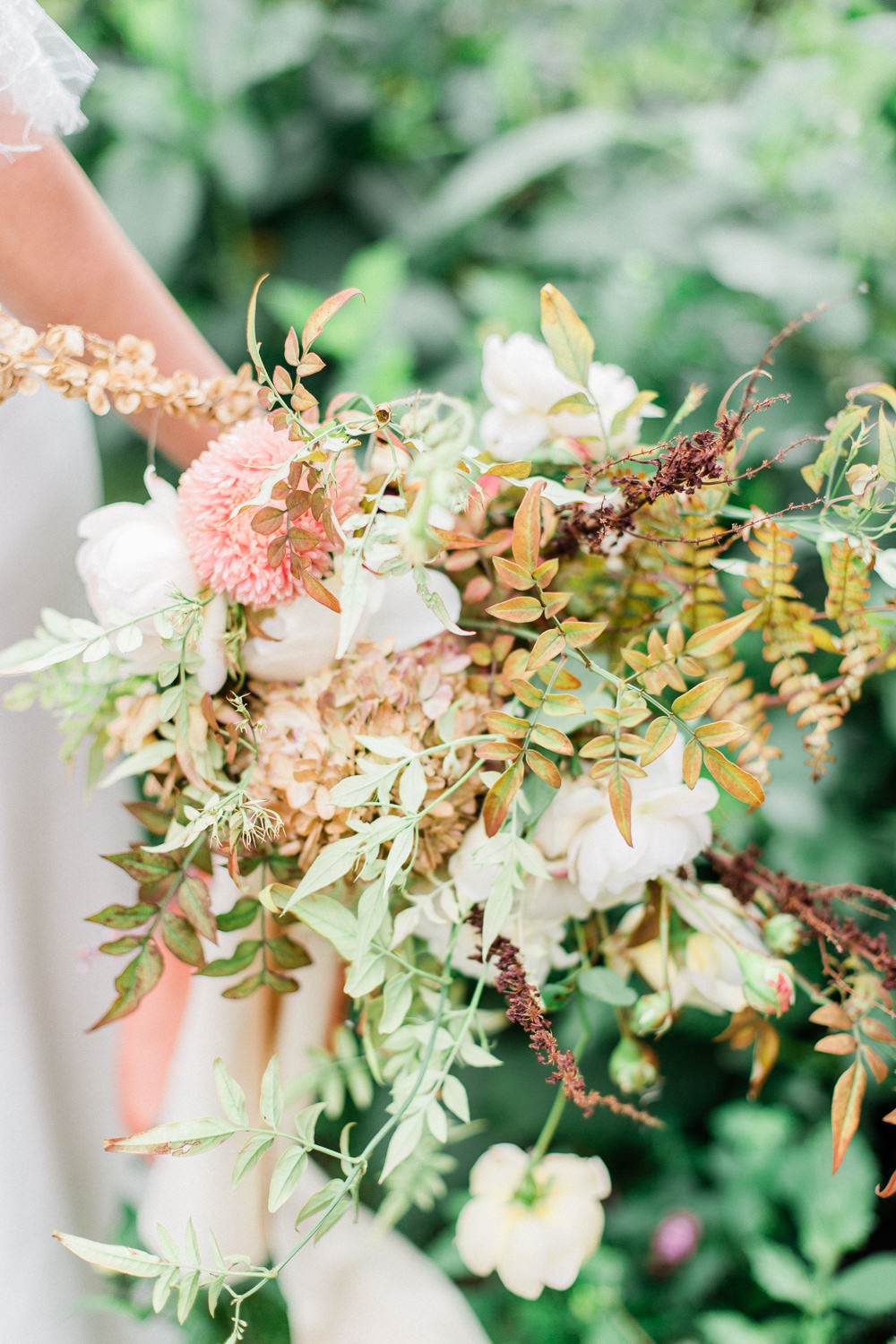 Bouquet Flowers Bride Bridal Peach Apricot Pink Blush Dahlias Rose Greenery Ribbons Fabric Foliage Unstructured Wild Autumn Fine Art Farm Wedding Ideas Seyi Rochelle Photography