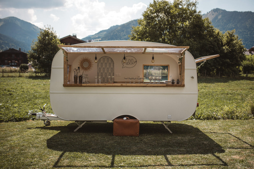 Cocktail Bar Vintage Caravan Truck Station French Alps Folk Boho Mountain Wedding Ideas Katja & Simon Photography