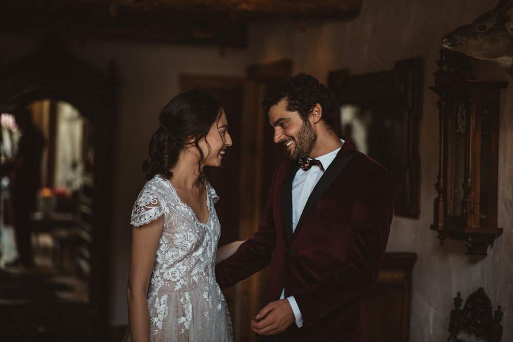 First Look French Alps Folk Boho Mountain Wedding Ideas Katja & Simon Photography