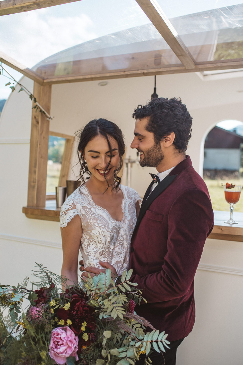 Cocktail Bar Vintage Caravan Truck Station French Alps Folk Boho Mountain Wedding Ideas Katja & Simon Photography