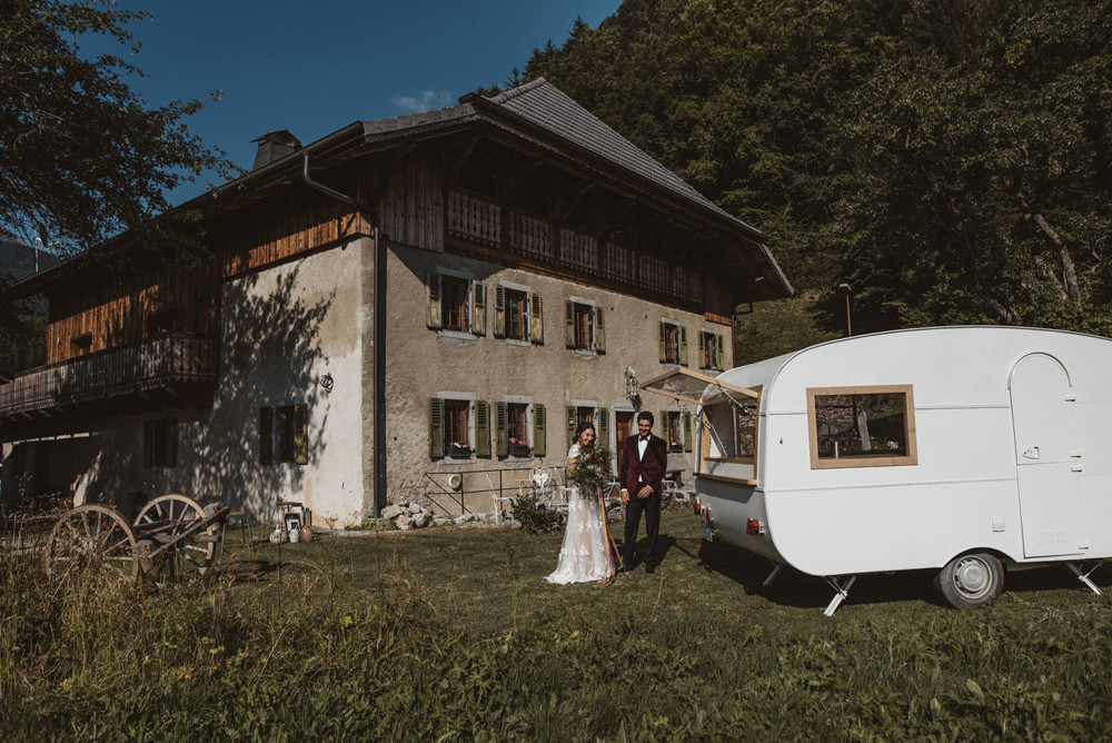 Cocktail Bar Vintage Caravan Truck Station French Alps Folk Boho Mountain Wedding Ideas Katja & Simon Photography
