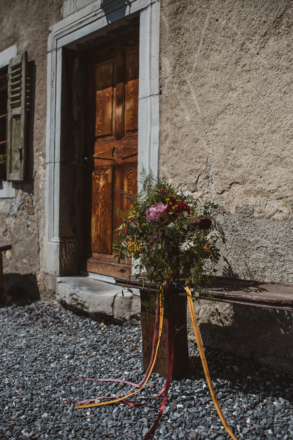 Bouquet Flowers Bride Bridal Large Wild Ribbons Greenery Foliage Peony Peonies Pink Red French Alps Folk Boho Mountain Wedding Ideas Katja & Simon Photography