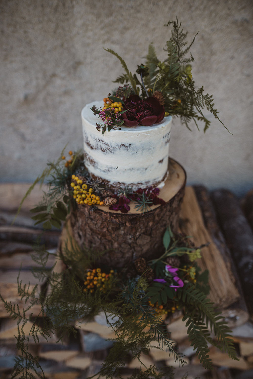 Cake Log Tree Stump Semi Naked Flowers Greenery Foliage French Alps Folk Boho Mountain Wedding Ideas Katja & Simon Photography