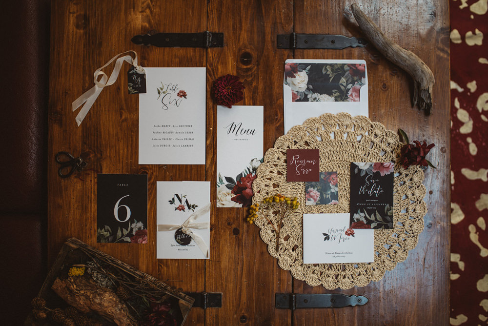 Stationery Suite Flat Lay Invite Invitations Red Black Floral Calligraphy French Alps Folk Boho Mountain Wedding Ideas Katja & Simon Photography