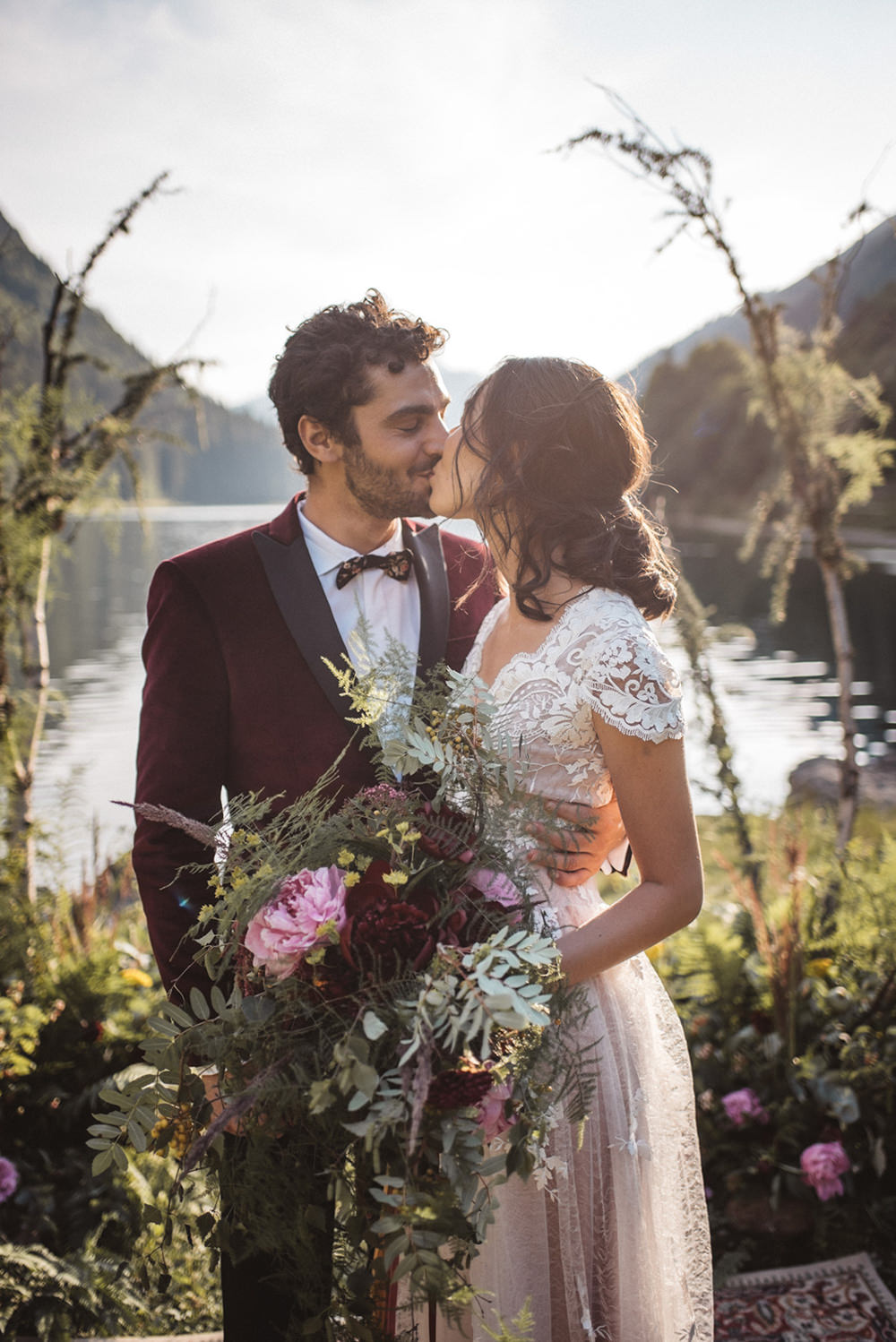 Backdrop Flowers Ceremony Persian Rug Aisle Branches Lake Outdoor French Alps Folk Boho Mountain Wedding Ideas Katja & Simon Photography