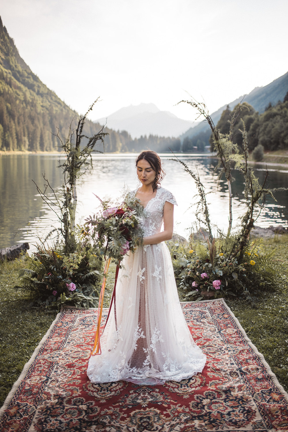 Dress Gown Bride Bridal Lace Cap Sleeves Train French Alps Folk Boho Mountain Wedding Ideas Katja & Simon Photography