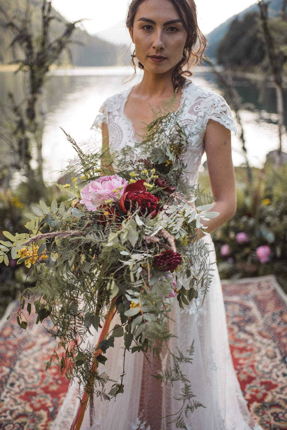 Bouquet Flowers Bride Bridal Large Wild Ribbons Greenery Foliage Peony Peonies Pink Red French Alps Folk Boho Mountain Wedding Ideas Katja & Simon Photography