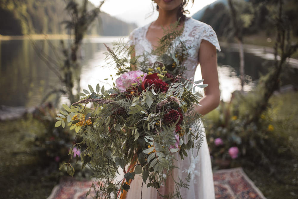 Bouquet Flowers Bride Bridal Large Wild Ribbons Greenery Foliage Peony Peonies Pink Red French Alps Folk Boho Mountain Wedding Ideas Katja & Simon Photography