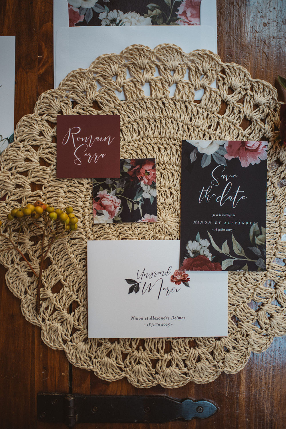 Stationery Suite Flat Lay Invite Invitations Red Black Floral Calligraphy French Alps Folk Boho Mountain Wedding Ideas Katja & Simon Photography
