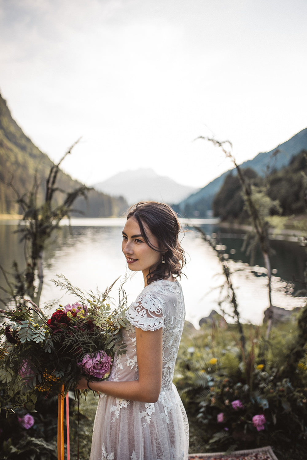 Dress Gown Bride Bridal Lace Cap Sleeves Train French Alps Folk Boho Mountain Wedding Ideas Katja & Simon Photography