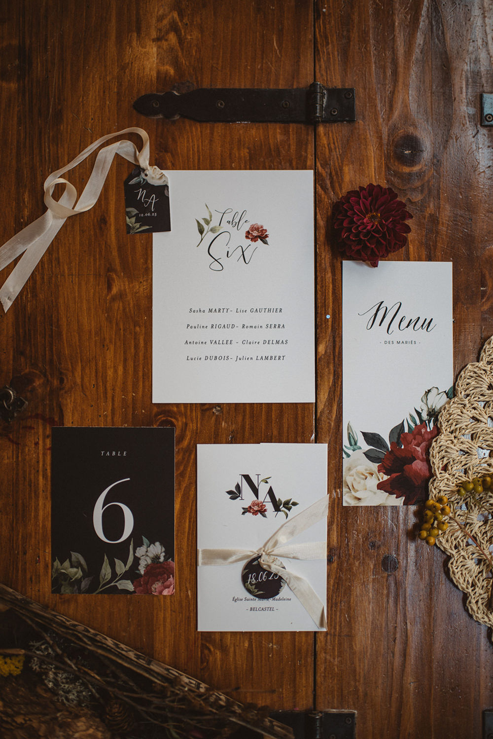 Stationery Suite Flat Lay Invite Invitations Red Black Floral Calligraphy French Alps Folk Boho Mountain Wedding Ideas Katja & Simon Photography