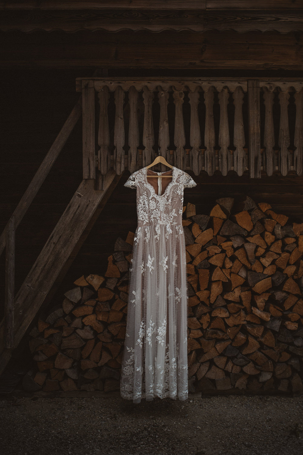 Dress Gown Bride Bridal Lace Cap Sleeves French Alps Folk Boho Mountain Wedding Ideas Katja & Simon Photography