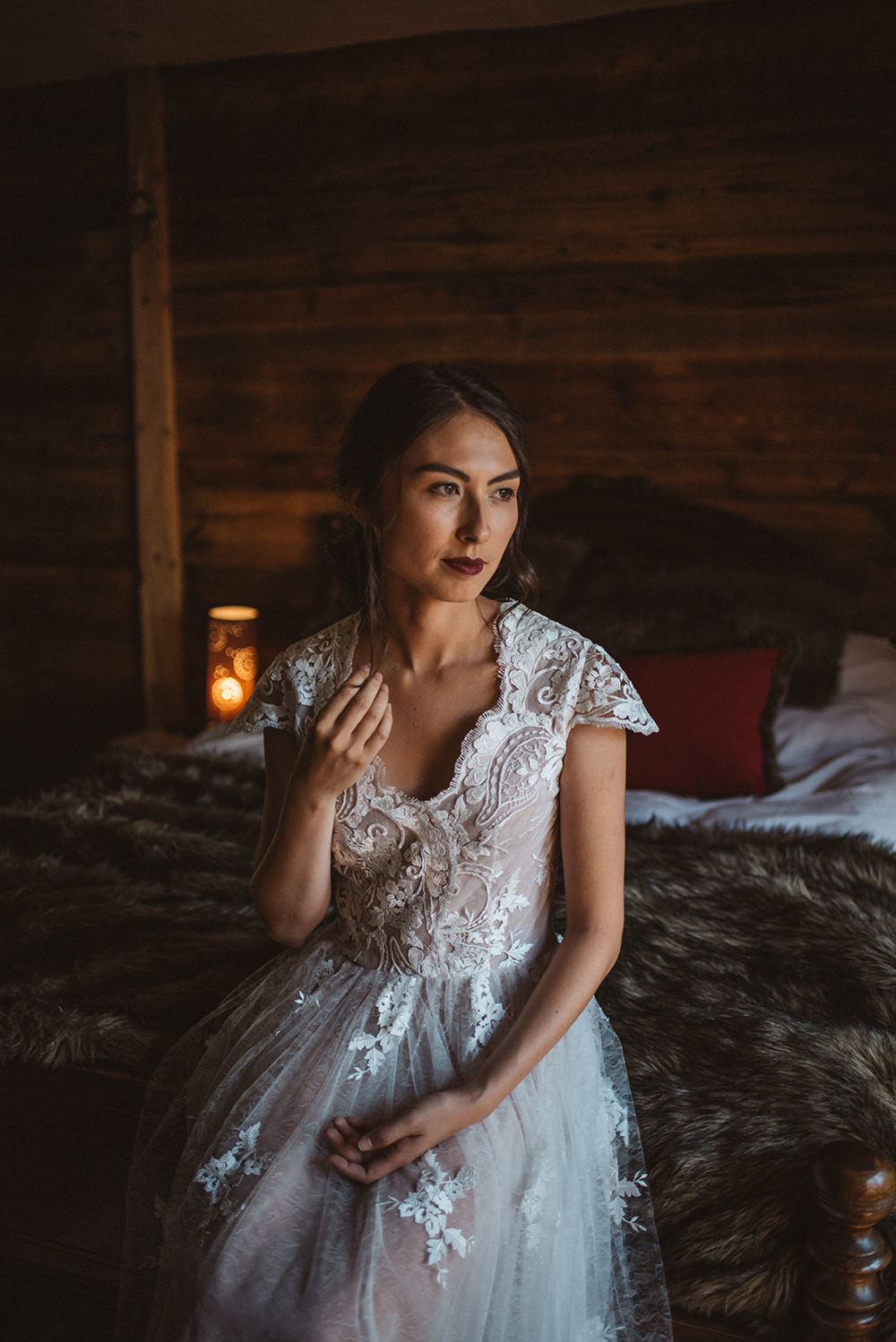 Dress Gown Bride Bridal Lace Cap Sleeves French Alps Folk Boho Mountain Wedding Ideas Katja & Simon Photography