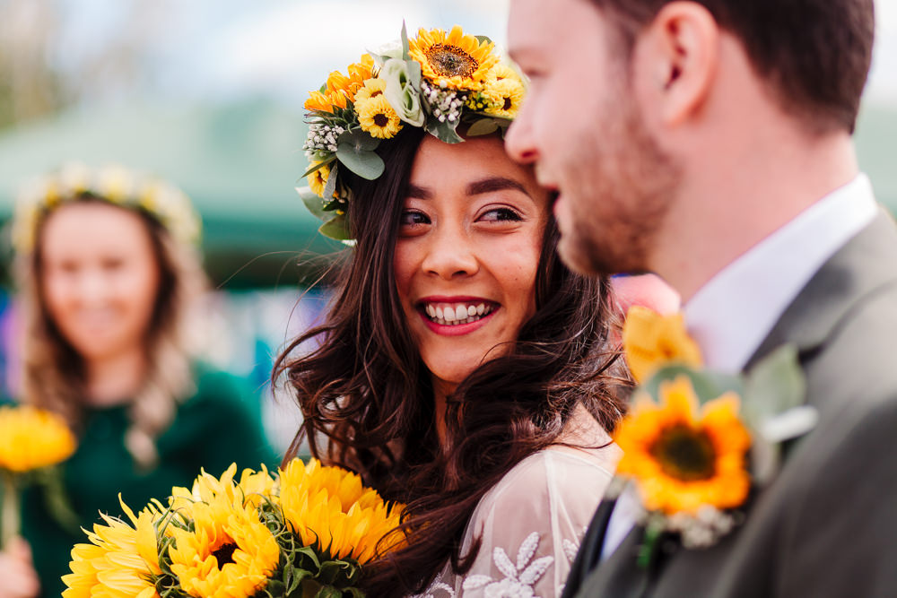 Sunflower Flower Crown Bride Bridal Fun Colourful Festival Camp Wedding Rachel Burt Photography