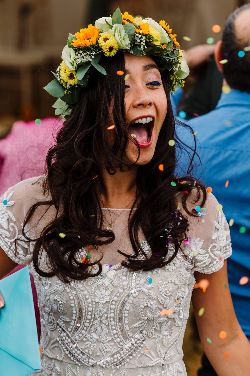 Confetti Throw Bride Fun Colourful Festival Camp Wedding Rachel Burt Photography