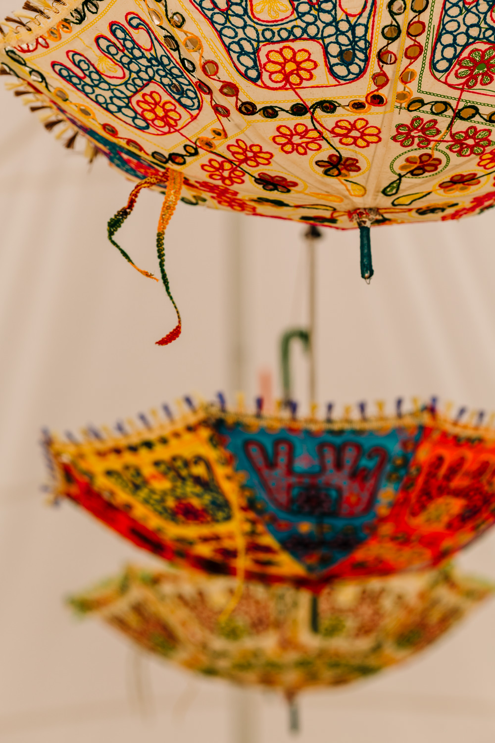 Hanging Suspended Umbrellas Decor Marquee Fun Colourful Festival Camp Wedding Rachel Burt Photography