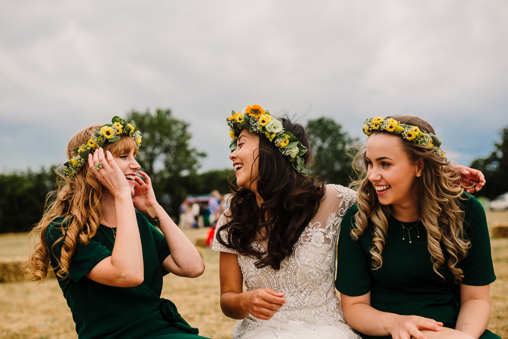 Bridesmaids Green Dresses Sunflowers Flower Crown Bouquets Fun Colourful Festival Camp Wedding Rachel Burt Photography