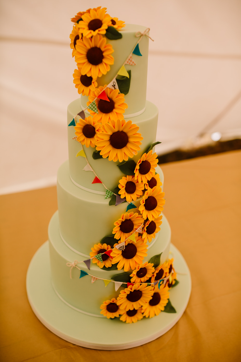Green Yellow Sunflowers Bunting Cake Fun Colourful Festival Camp Wedding Rachel Burt Photography