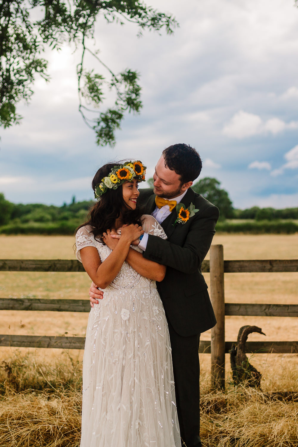 Dress Gown Bride Bridal Cap Sleeves Phase Eight Sequin Emellished Fun Colourful Festival Camp Wedding Rachel Burt Photography